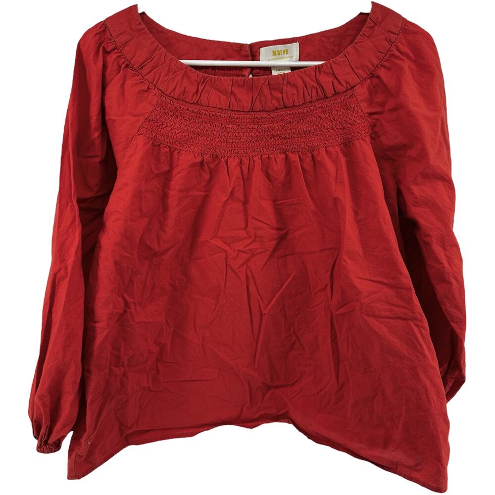 Anthropologie Maeve Jessie Smocked Swing Blouse Puff Sleeve 100% Cotton Coral S - Picture 2 of 6